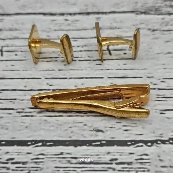 Yves Saint Laurent Gold and Matte Grey Tone Cufflinks and Tie Bar Set Vintage - Picture 3 of 4